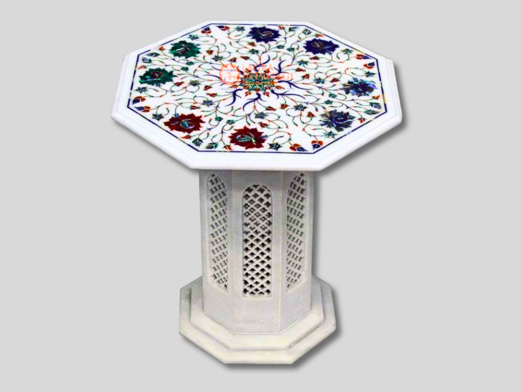 White Top Coffee Table Malachite Inlay Floral Patio Décor